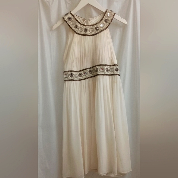 Caché Vintage Grecian Goddess Ivory Bejewelled Silk Dress- Size: 8 - Picture 2 of 16